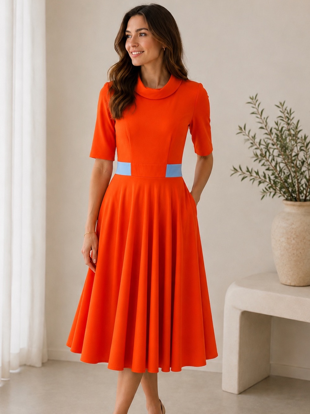 FKSP Bright Orange Midi Fit-and-Flare Dress with Light Blue Waist Accents - Picture 2 of 8